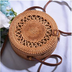 Handmade Woven Rattan Round Straw Shoulder Bag - KASORP SHOP