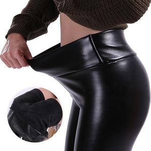 lady thick warm faux leather leggings high waist slim - KASORP SHOP