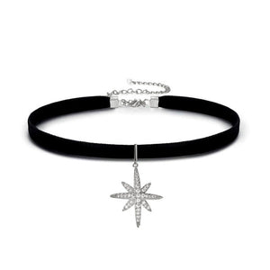SINLEERY Gothic Handmade Black Leather Choker Necklace With Crystal Snowflake Star Pendant - KASORP SHOP